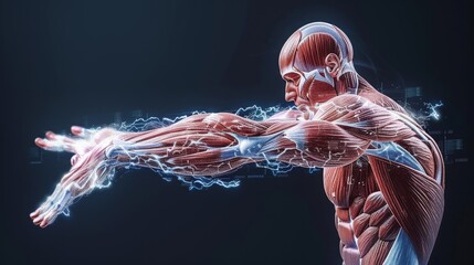 Detailed 3D holographic representation of human muscular system in action - obrazy, fototapety, plakaty