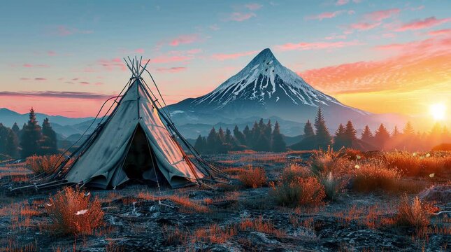Nomadic Haven: An Indian tent nestled amidst the vast expanse of the American wilderness, its silhouette framed against Seamless looping 4k time-lapse virtual video animation background. Generated AI