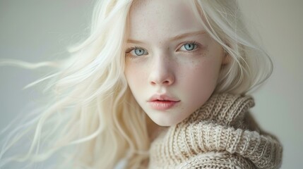 International Albinism Awareness Day, portrait of an albino girl of model appearance, genetic feature, pure snow-white skin - obrazy, fototapety, plakaty