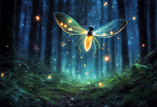flying image Fairy forest magical Abstract night tale Firefly concept