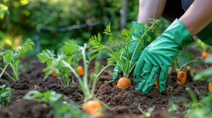Agriculture garden gardening vegetables harvest background - Close up of hands of woman harvests carotts in the field or garden bed soil