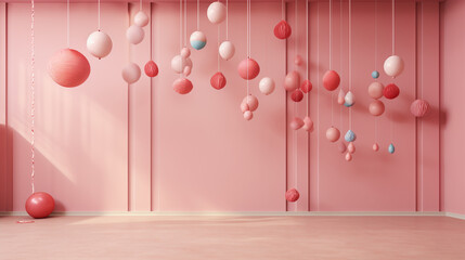A juggling set situated against a pastel pink wall.