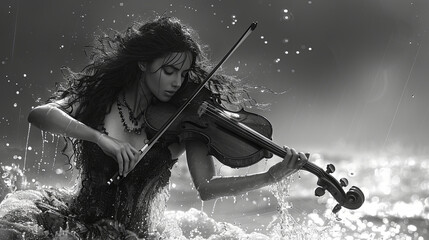 Fairy young woman playing the violin in water. Black and white.
