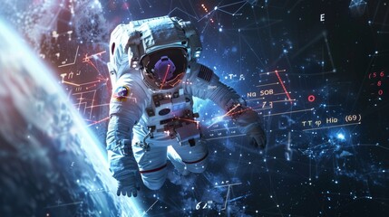 An astronaut in a space suit is seen floating in the vast emptiness of space, surrounded by stars and celestial bodies. The individual appears weightless and is performing extravehicular activities. - Powered by Adobe