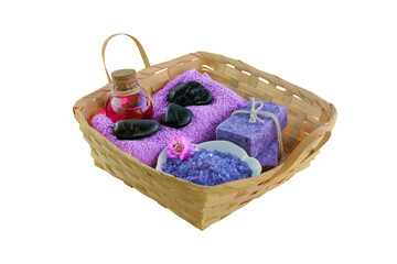 Spa treatment setting with purple theme isolated png