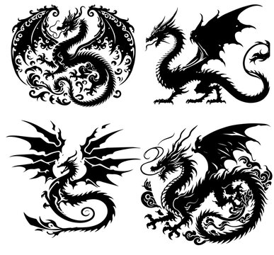 a set of dragon collection silhouettes - contains 4 dragons