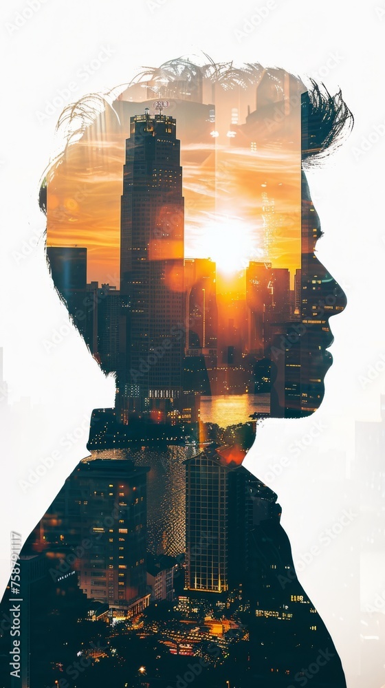 Poster a digital art piece showcasing a double exposure of a mans face intertwined with the city skyline in