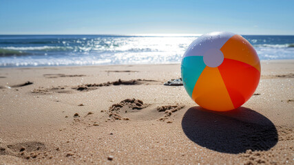 Obraz premium Colorful beach ball on the sand by the sea. Summer vacation concept