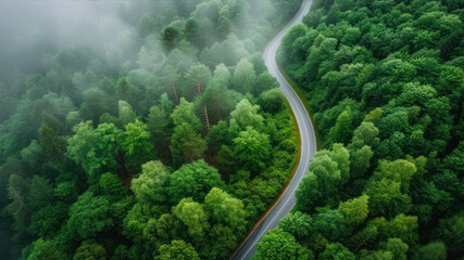 Aerial view of a winding road in the forest with fog.