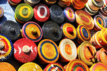 Oricuru straw baskets being sold in market street in the Gunga Beach’s belvedere. North coast, Maceio, Alagoas, Feb 2020 - obrazy, fototapety, plakaty