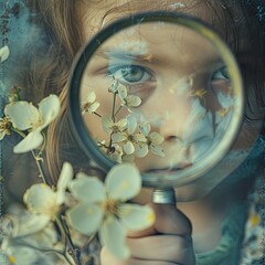 Little girl looking through a magnifying glass on a spring blossom. Magnifying glass held by a curious child, enlarging the intricate details of a delicate flower. 