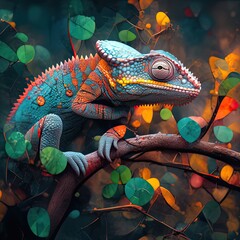 Colorful chameleon among the leaves in the jungle. Chameleon on a branch in the forest. Well-camouflaged chameleon seemingly catching its prey, with the vibrant hues of the chameleon.