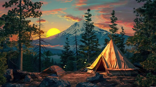 Forest Haven: An Indian tent nestled among the towering pines of a tranquil forest, its silhouette illuminated Seamless looping 4k time-lapse virtual video animation background. Generated AI