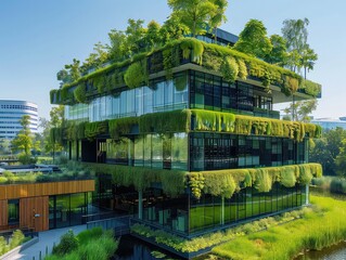 A sustainable green building, epitomizing eco-friendliness, boasts a sustainable glass office structure adorned with trees, actively reducing carbon dioxide emissions