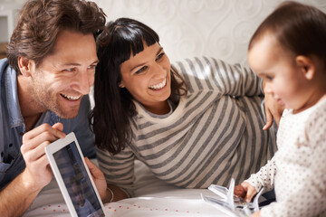 Parents, toddler and tablet for entertainment in home, online and happy for education in bedroom....