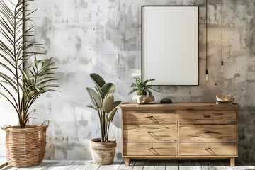 illustration of a frame over a wooden chest of drawers, dry plants in vases, room interior in grunge style, empty frame for text or illustration