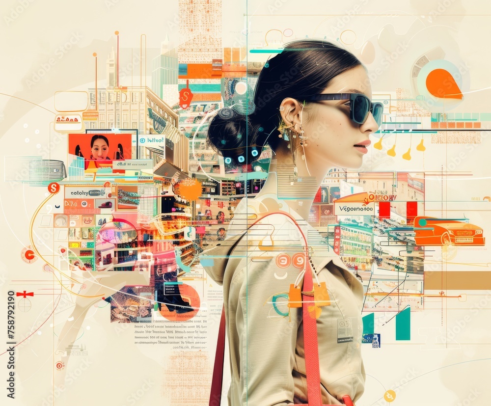 Poster a woman is standing in front of a colorful background with a red purse. the image is a collage of di