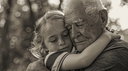 A young girl is hugging an older man. Concept of warmth and affection between the two, as the young girl is comforted by the older man's embrace