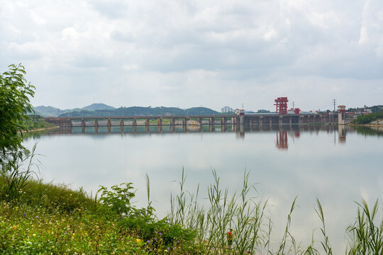 Close-up of a large dam on a river, water conservancy project facility