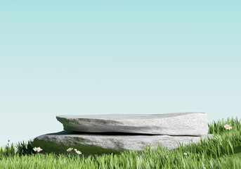 Stone product display podium stand in meadow with daisy blossom flowers. 3D rendering