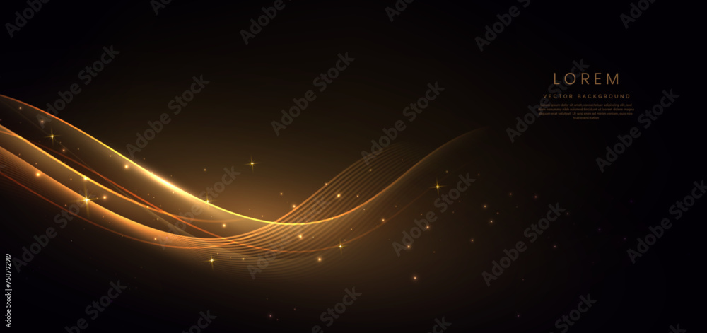 Wall mural elegant gold wave lines on black background with lighting effect bokeh and copy space for text. luxu