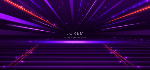 Elegant scene purple glowing motion lighting effect sparkle on dark purple background.