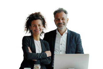 People are a man and a woman, a positive businessman in a suit with glasses, transparent background.