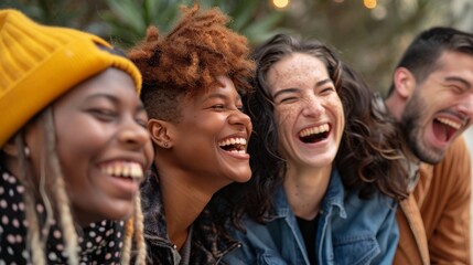 A close-knit group of people, best friends, are sharing a moment of enormous joy and laughter. Their faces are lit up with genuine happiness as they enjoy each others company. - obrazy, fototapety, plakaty