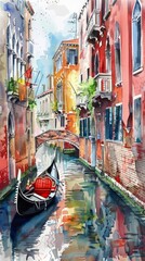A watercolor painting depicting a gondola gracefully floating on a canal in Venice. The gondola is propelled by a gondolier using a long oar.
