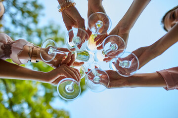 Group of Friends Toasting With Champagne Glasses Under Sunlit Sky