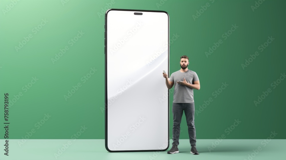 Poster Generative AI Pointing at device screen. Photo and 3d illustration of man standing next to huge 3d model of smartphone with empty white screen isolated on green background. Mockup for ad, text, design