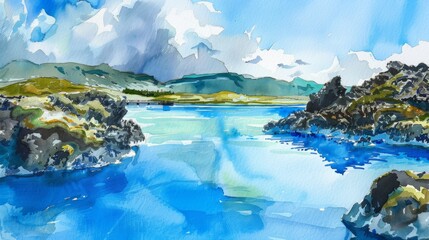A watercolor painting depicting a scenic view of the Blue Lagoon, with majestic mountains in the background. The body of water shimmers under the sunlight, contrasting with the rugged peaks reaching t - obrazy, fototapety, plakaty