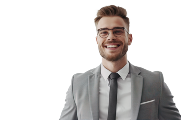 Portrait of a positive businessman in a suit with glasses, transparent background.