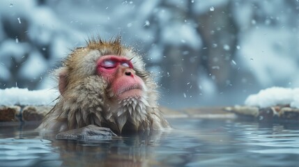A Japanese Macaque with red eyes is wading in the water.