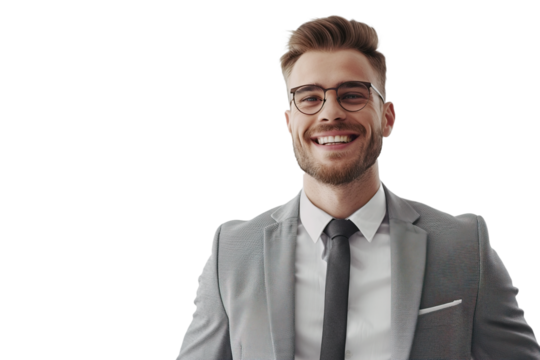 Portrait of a positive businessman in a suit with glasses, transparent background.