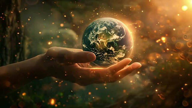 The Earth being cradled by the hands of God with the sun setting behind it