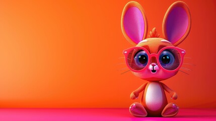 Obraz premium Vibrant orange rabbit with glasses on a pink-orange gradient background.
