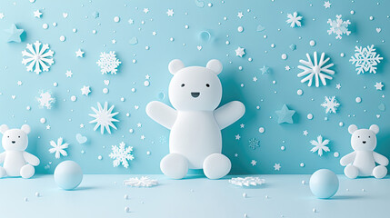 White teddy bear in a winter theme with paper snowflakes and stars on blue.