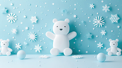Fototapeta premium White teddy bear in a winter theme with paper snowflakes and stars on blue.