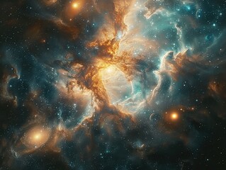 Aerial view of a Cosmic Journey Through Space: Imagine traveling through space, passing by distant planets, swirling nebulae, and glittering stars - obrazy, fototapety, plakaty