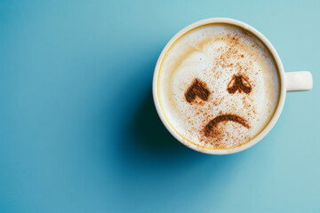 Coffee cup with sad face drawn on coffee milk foam. Top view to mug with coffee on blue background. Blue Monday, hard morning, difficult day, negative emotions, loneliness, loss, problem, difficulties - obrazy, fototapety, plakaty