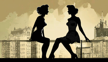 Two silhouetted women facing each other are set against a sepia-toned cityscape, evoking a nostalgic conversation between past and present. Woman’s day. Feminism 