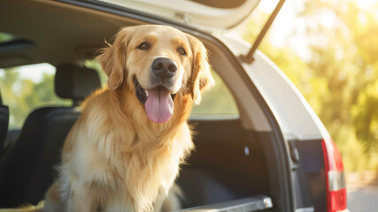 Golden retriever dog in car, closeup. Traveling with pet