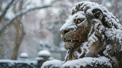 Fototapeta na wymiar Lion Statue covered by snow 