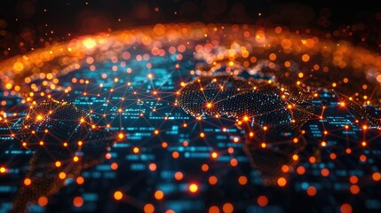 our world with a mesmerizing 3D graphic featuring glowing lines intricately woven around the globe, creating a captivating visual representation of global connectivity.