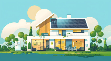 Illustration of a modern eco-friendly house with solar panels on a clear and tranquil day by the water,ai generated
