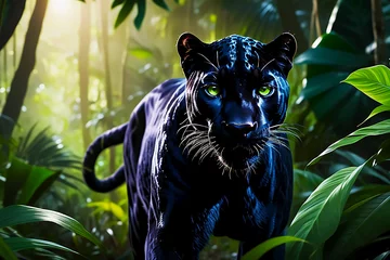 Keuken spatwand met foto Black Panther walking through the jungle wild cat Breath Taking close up of a Black Tiger Portrait Terror of the Jungle Black Leopard in the woods Tropical Rainforest wildlife jaguar in forest terror © MD ISTIAQUE ABEDIN