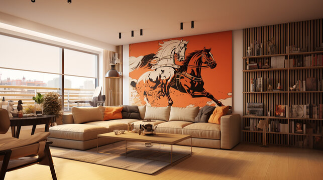 Living room with a large painting of horses