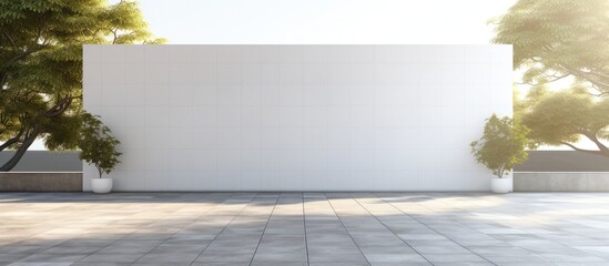 Perspective view of empty white poster on checkered concrete wall outdoors with greenery and glass partitions.