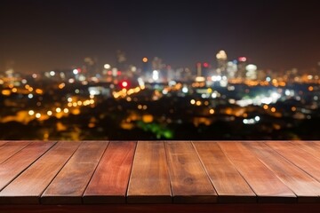Empty board table on office terrace with stunning city view at night, business workspace concept